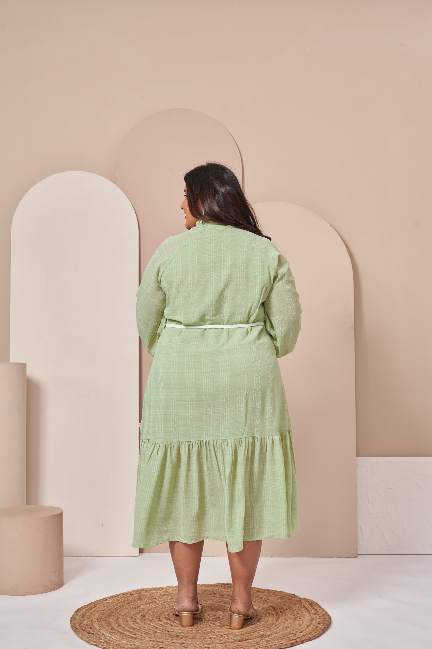 Bishop Sleeve Ruffled Midi Dress (Green)
