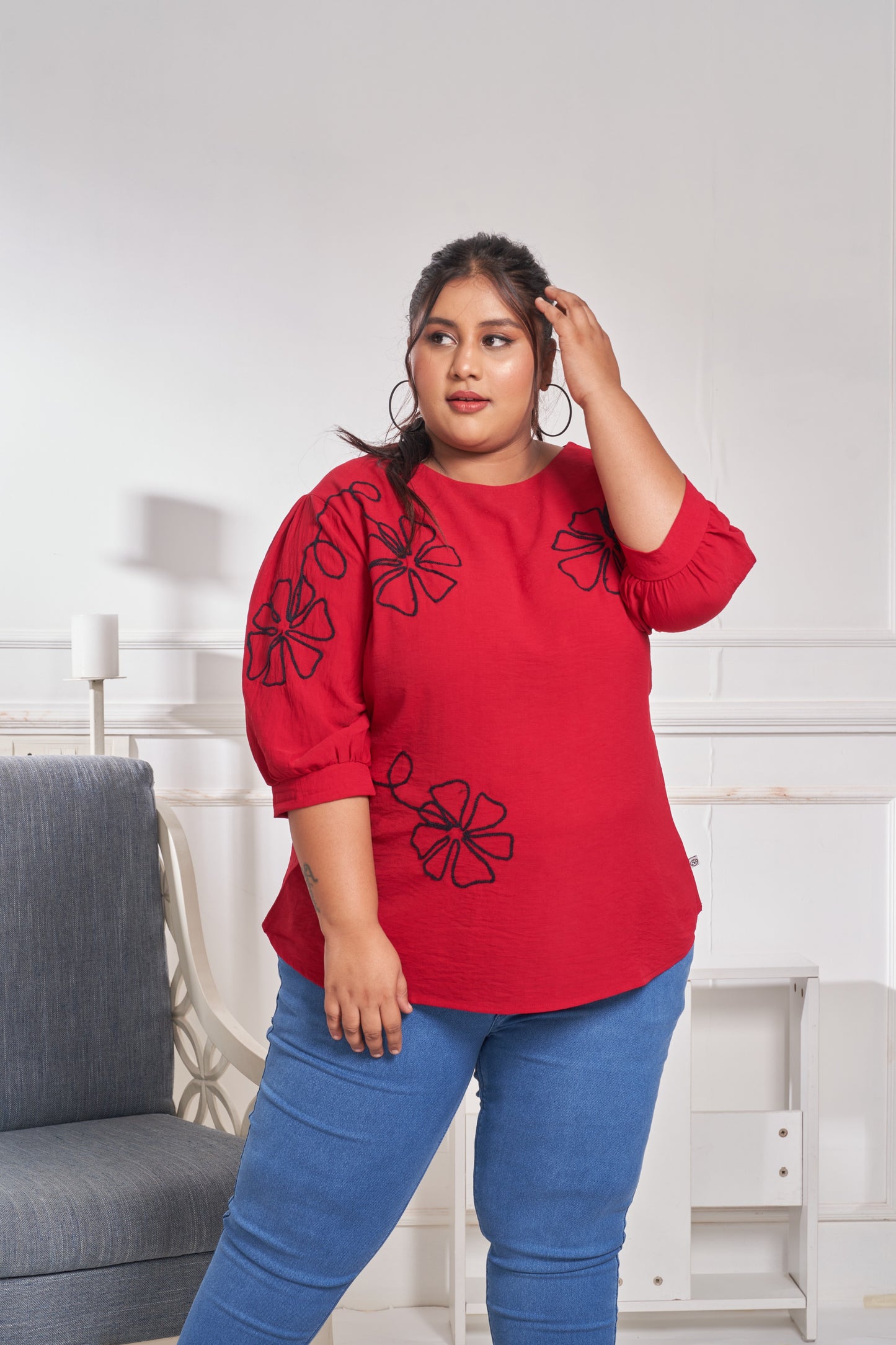 Floral Embroidered Cotton Top (Red)