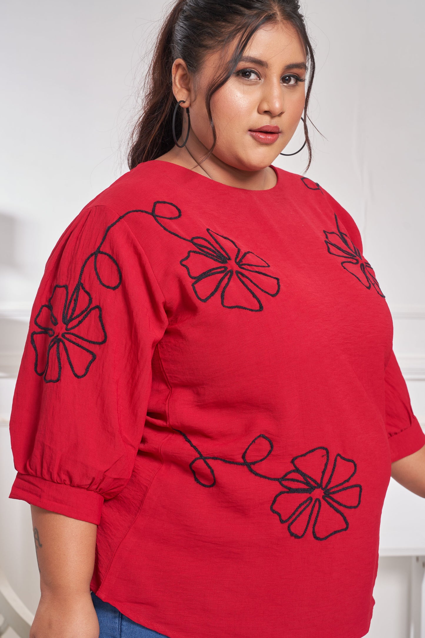Floral Embroidered Cotton Top (Red)