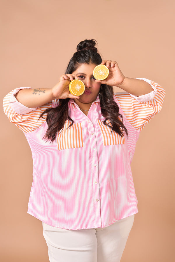 Concealed Placket Stripes Shirt (Pink & Yellow)