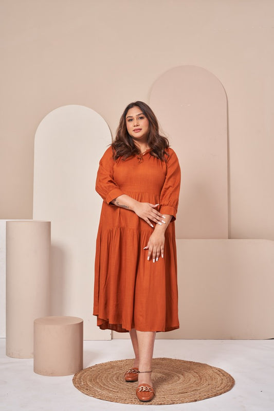Cotton Tiered A-Line Dress (Rust)