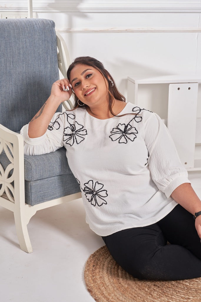 Floral Embroidered Cotton Top (White)