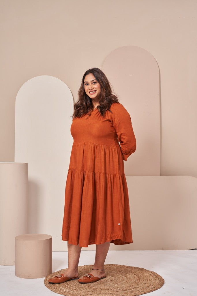 Cotton Tiered A-Line Dress (Rust)