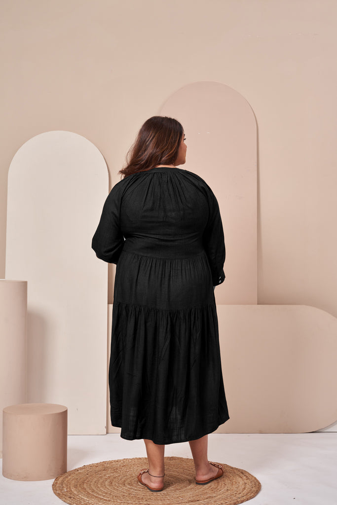 Cotton Tiered A-Line Dress (Black)